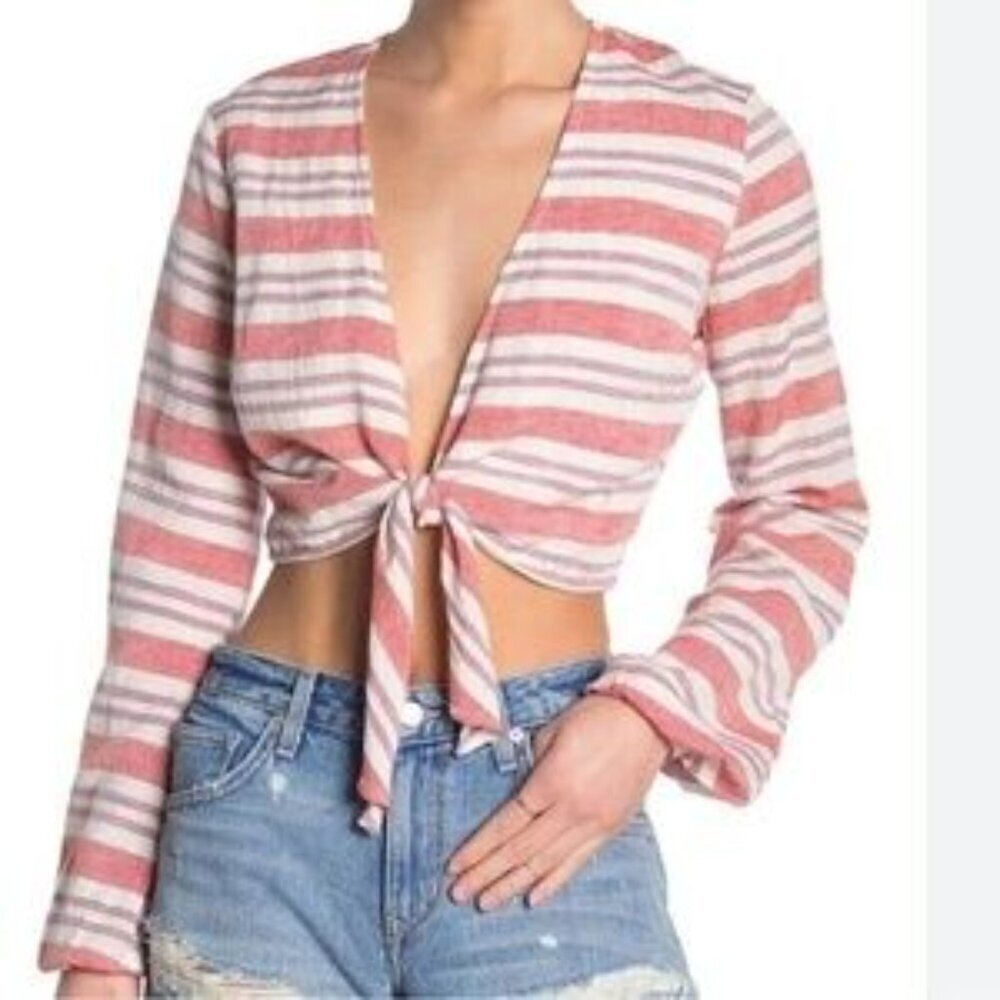 Lovers + Friends Striped I Think I Love You Tie Front Cropped Top Size Medium